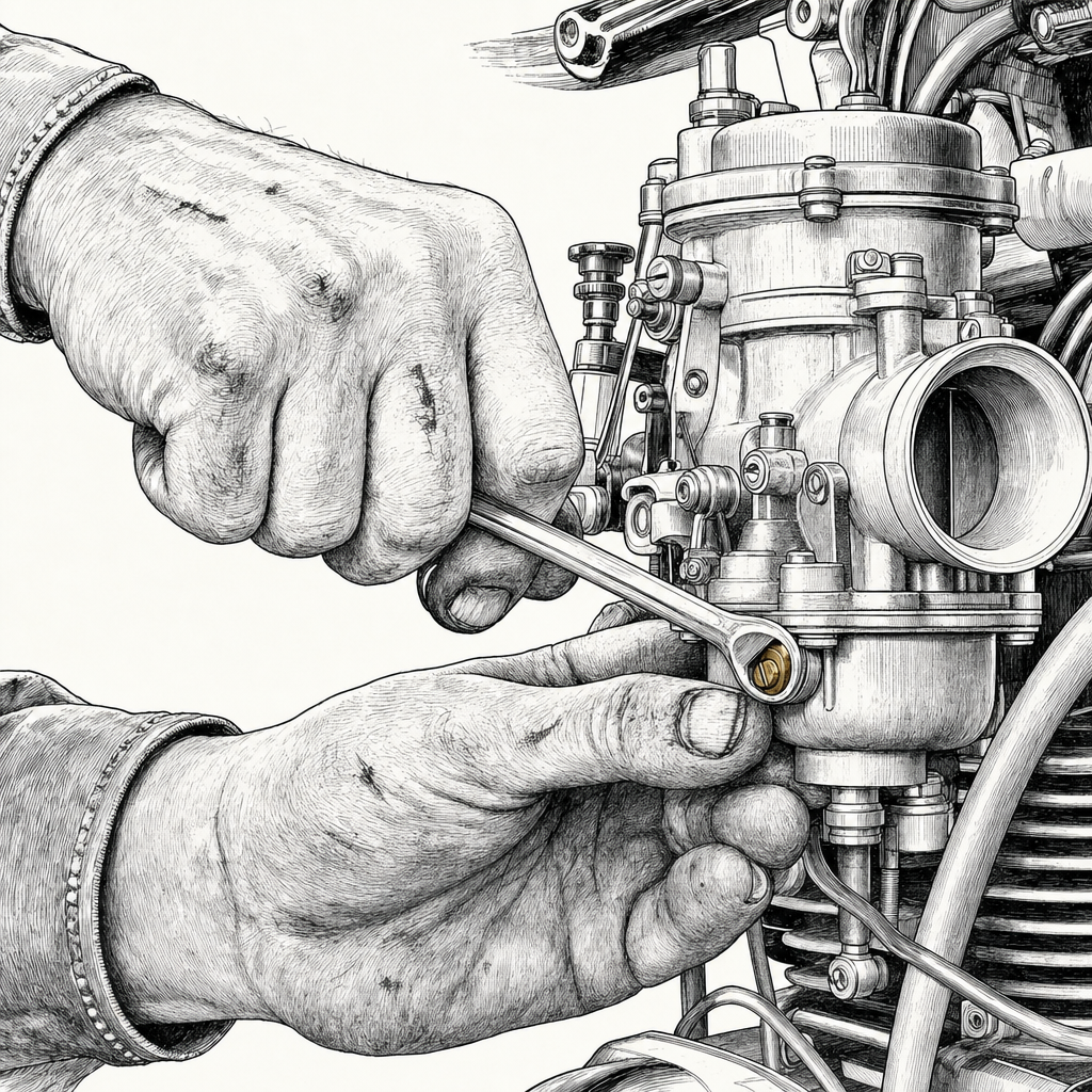 A pair of weathered hands working a wrench on a carburetor
